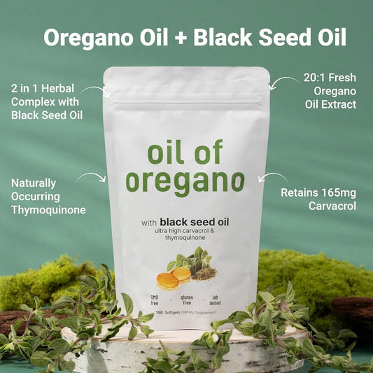 2-in-1 Oil of Oregano (300mg) & Black Seed Oil (200mg) Softgels – 4X Strength Complex with 165mg Active Carvacrol & Thymoquinone (150 Count)
