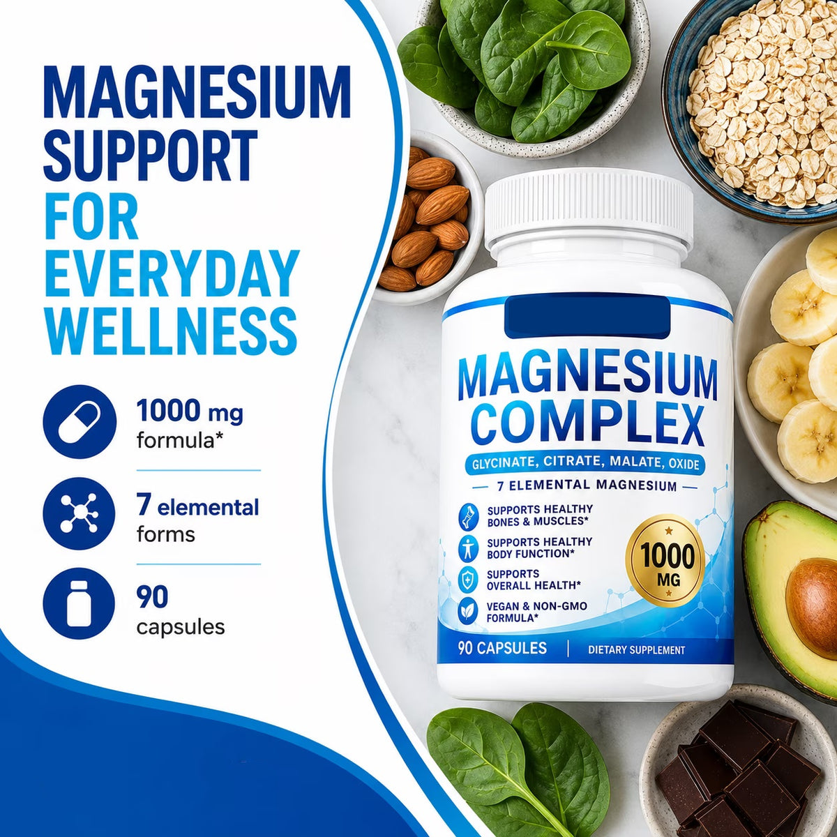 Magnesium complex bottle with serving size and capsule count