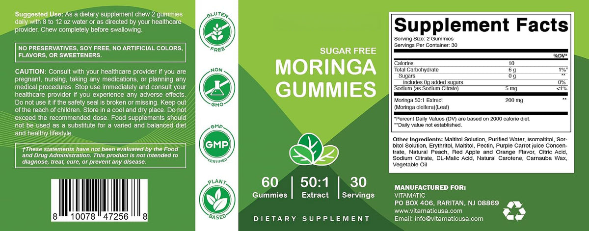 Vitamatic Moringa Gummies – Sugar-Free Botanical Extract – Green Superfood Supplement – Vegan, Pectin-Based, Non-GMO – Plant-Based Gummies – 60 Count
