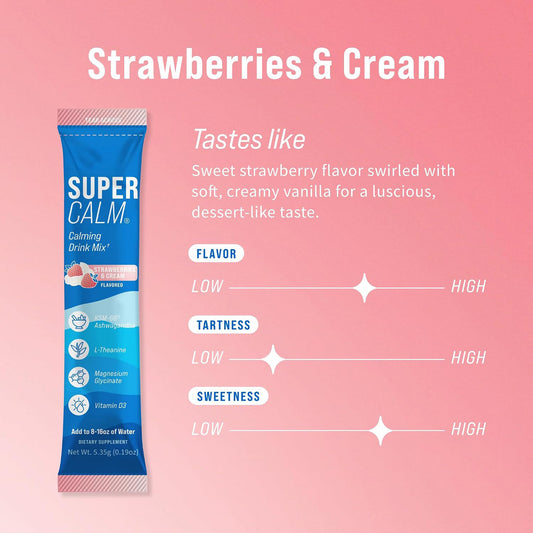 Nello Supercalm Powdered Drink Mix, Cortisol Reducer*, Sleep Aid Supplement, L Theanine, Ksm-66 Ashwagandha, Magnesium Glycinate, Vitamin D 3, No Sugar, Non GMO, 20 Ct, Strawberries & Cream