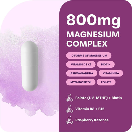Graphic showing 800mg magnesium complex across 10 forms
