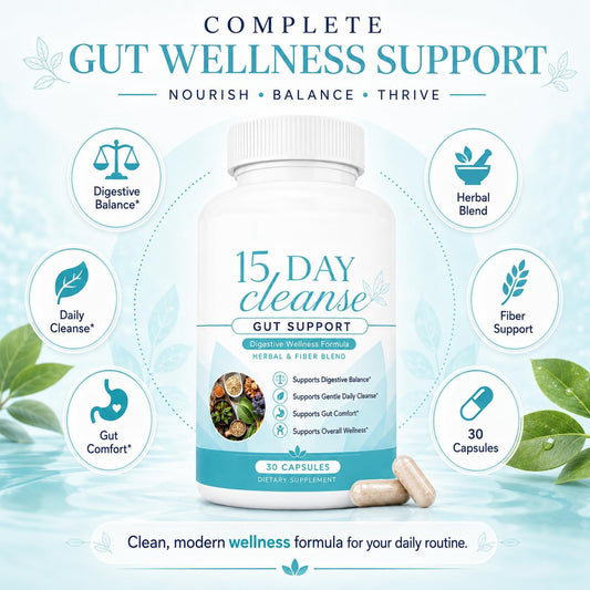 Complete gut wellness support graphic with the cleanse bottle