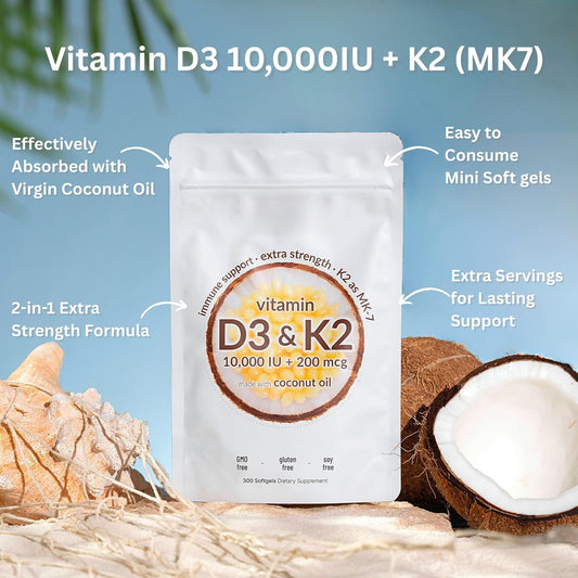 Micro Ingredients Vitamin D3 K2 MK-7 10,000 IU Per Serving, 300 Softgels