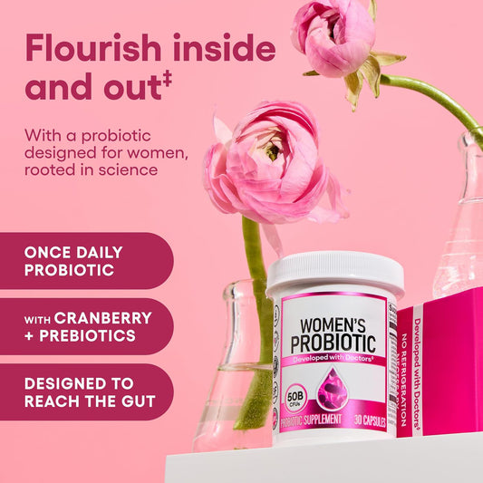 Women's probiotic bottle with cranberry and prebiotic detail