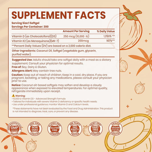 VEV Vitamin D3 K2 10,000 IU, 200 mcg K2, 300 Coconut Oil Softgels