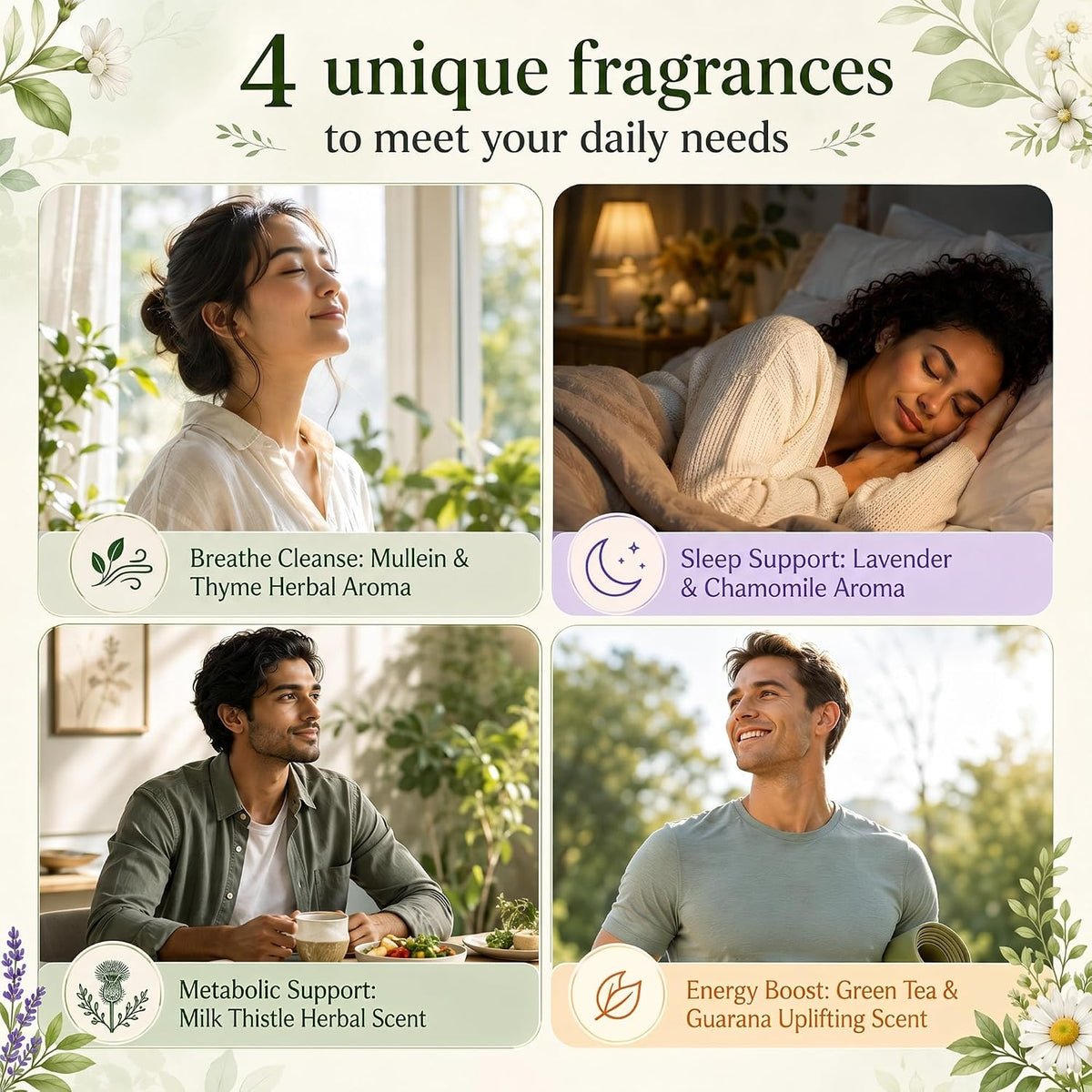 Four fragrances for breathing, sleep, metabolic support and energy