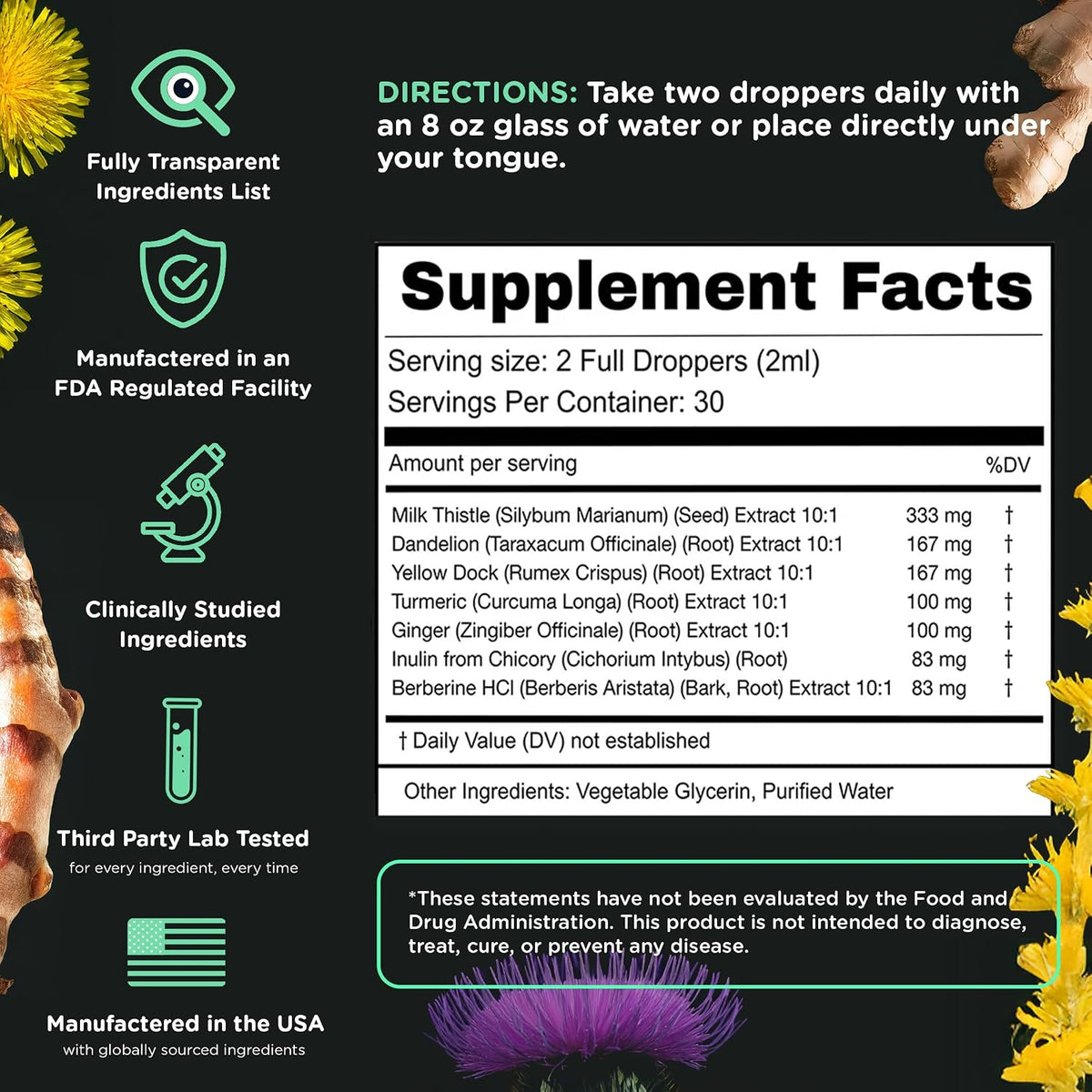Supplement Facts panel for the herbal liver support drops