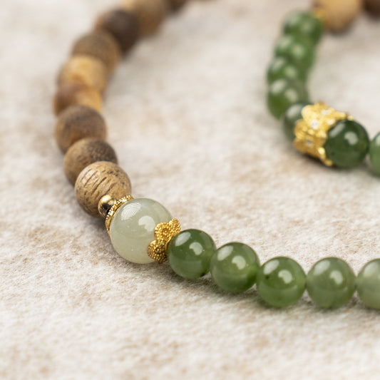 Green Jade & Agarwood Double-Wrap Bracelet — Renewal, Strength & Serenity