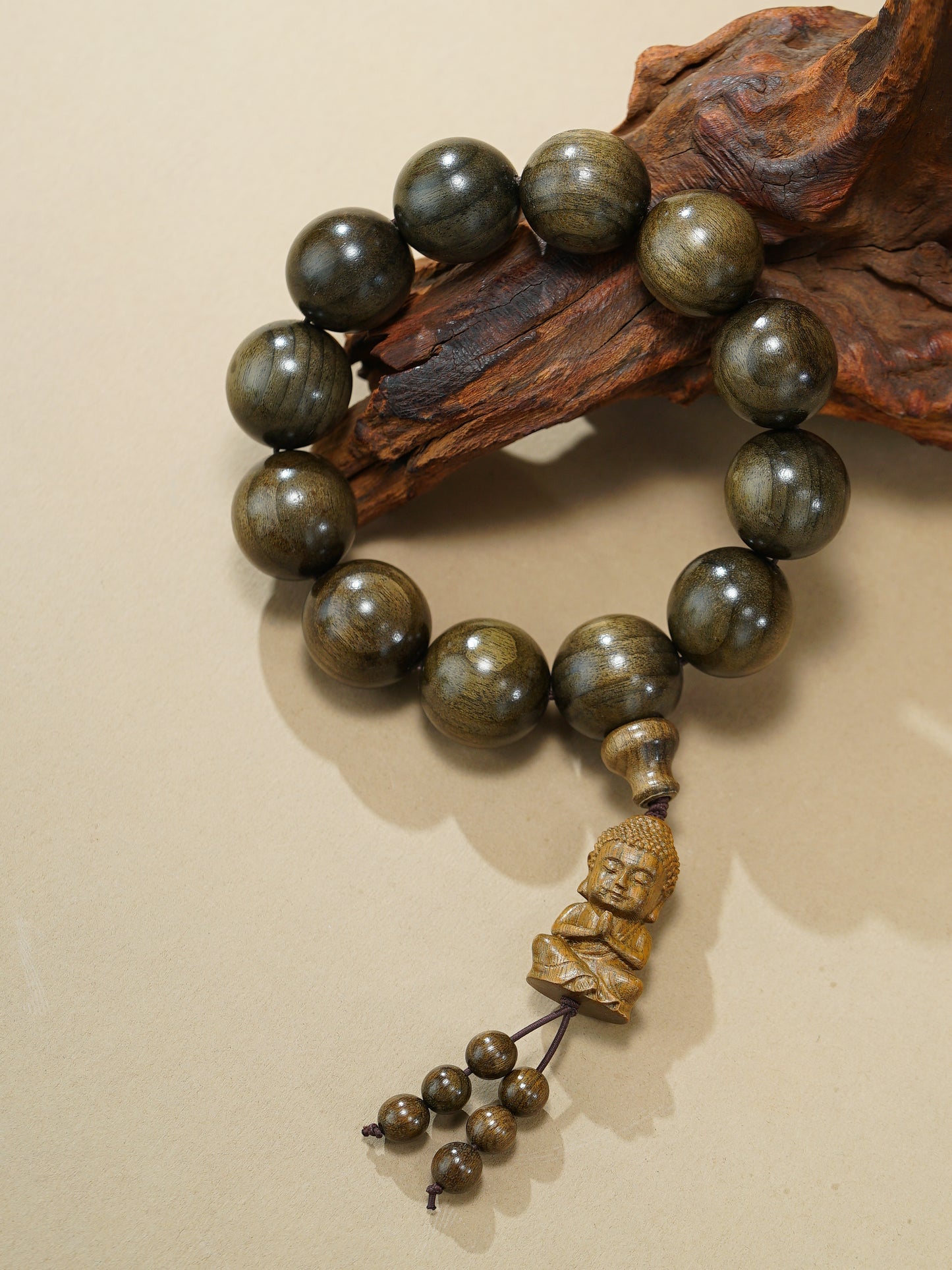 VerdantStrand Petrified Phoebe Wood & Laughing Buddha Amulet Bracelet