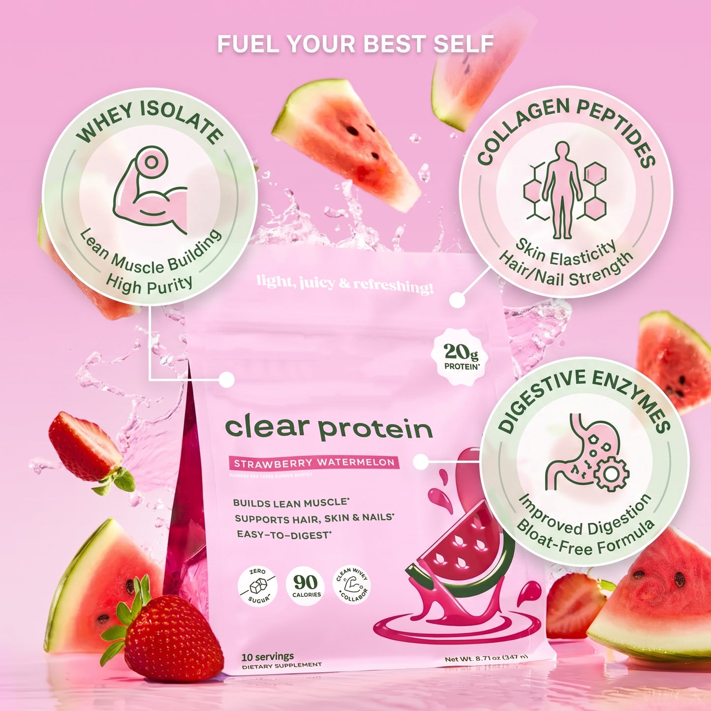 Clear Whey Protein Isolate Powder – 20g Protein, Collagen & Digestive Enzymes (Strawberry Watermelon, 10 Servings)