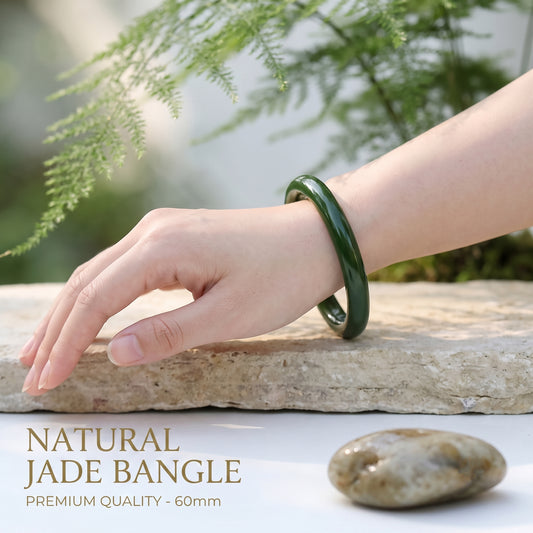 Deep Green Jade Bangle Bracelet - Natural Nephrite Stone for Longevity & Blessing