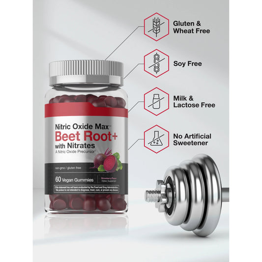 Horbäach Nitric Oxide Beet Root Gummies - 60 Count - with Nitrates - Strawberry Flavor - Vegan, Non-GMO, Gluten Free Supplement