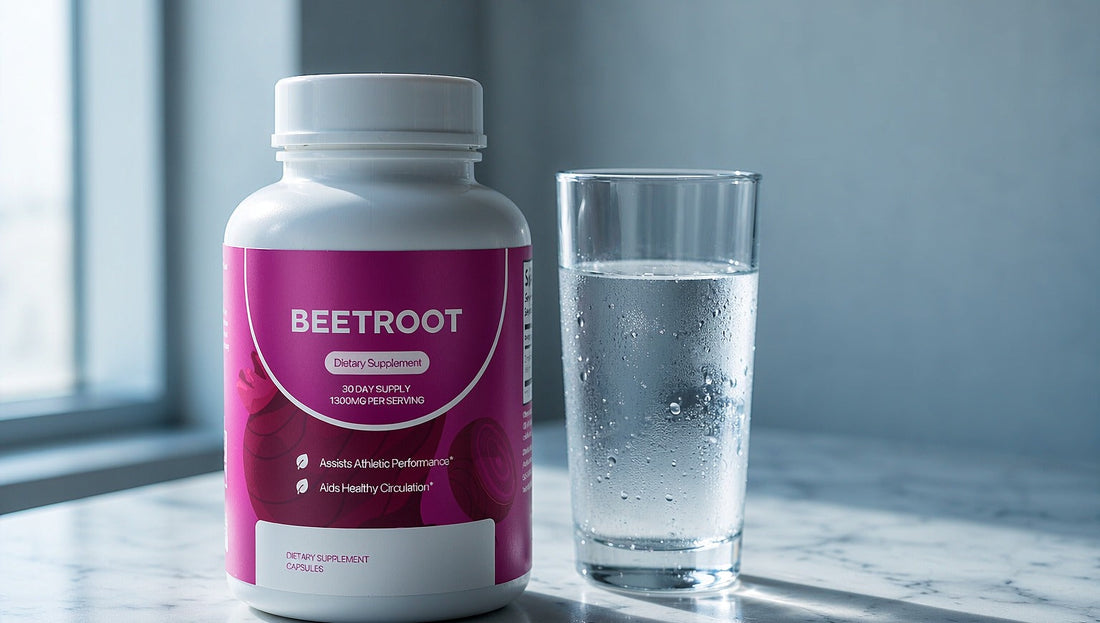 Beet root capsule bottle on pale marble beside a glass of cold water in morning light