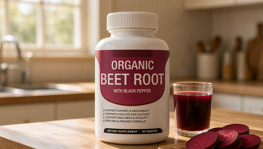 Organic beet root tablets bottle on a kitchen counter beside a glass of beet juice