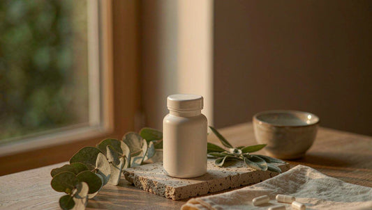 A calm evening desk corner with a matte white supplement bottle on travertine stone, beside dried eucalyptus and a linen cloth, warm golden window light