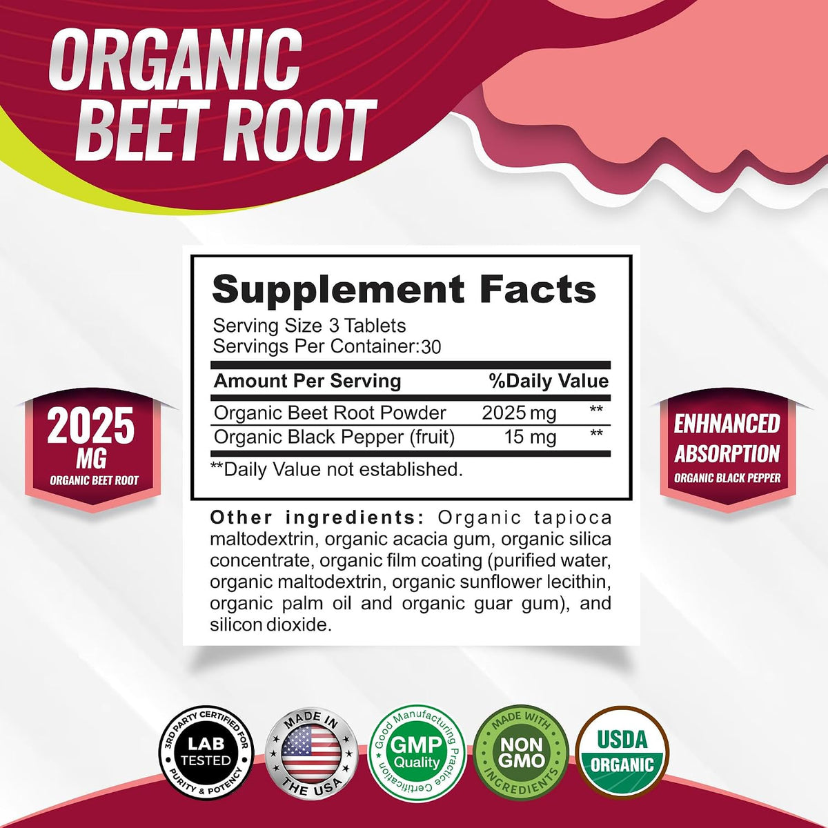 Organic Beet Root Tablets 2040mg – Plant-Based Superfood with Black Pepper Extract for Daily Vitality & Energy (90 Tablets)