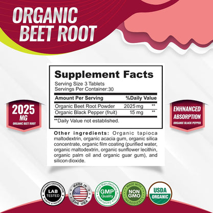 Organic Beet Root Tablets 2040mg – Plant-Based Superfood with Black Pepper Extract for Daily Vitality & Energy (90 Tablets)
