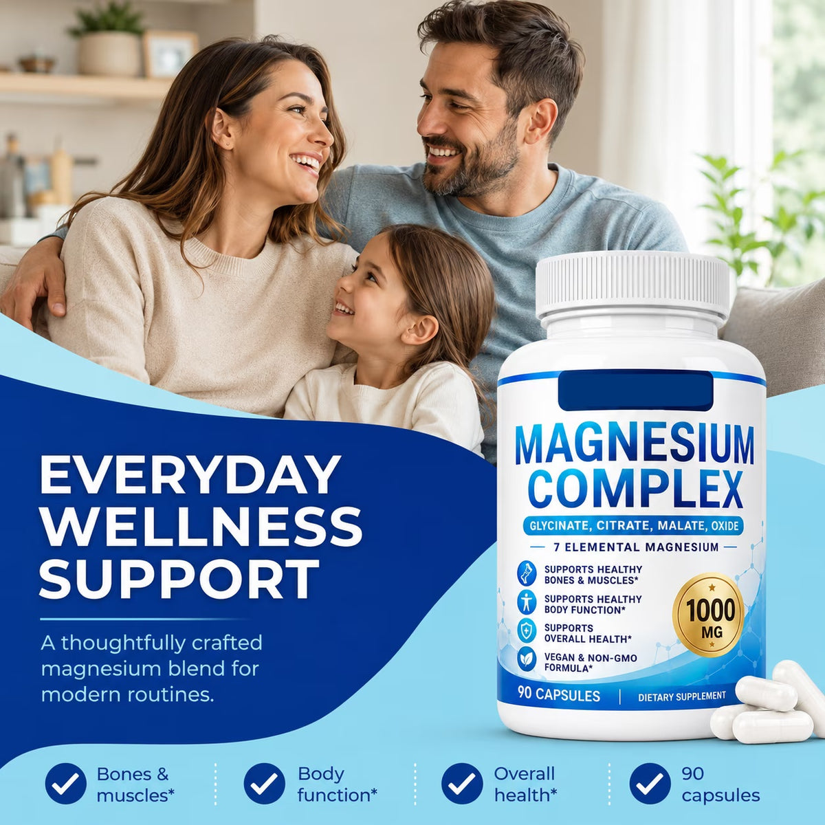 Magnesium complex bottle with a daily wellness lifestyle scene