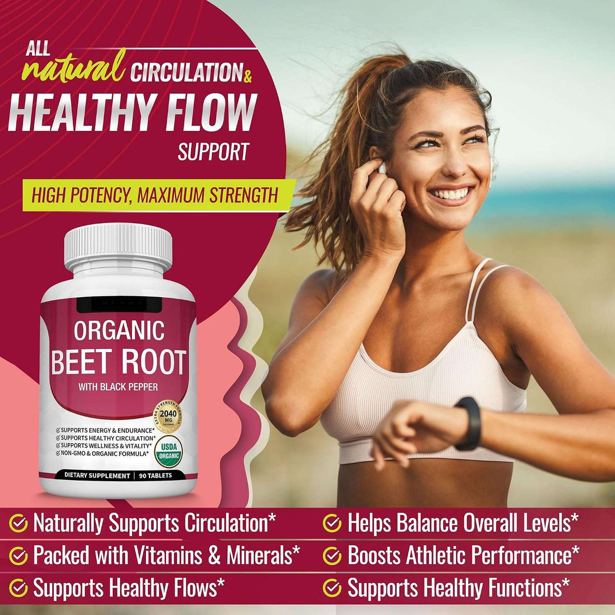 Organic Beet Root Tablets 2040mg – Plant-Based Superfood with Black Pepper Extract for Daily Vitality & Energy (90 Tablets)