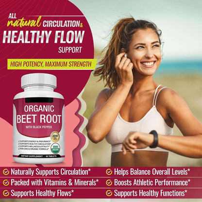 Organic Beet Root Tablets 2040mg – Plant-Based Superfood with Black Pepper Extract for Daily Vitality & Energy (90 Tablets)