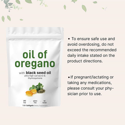 2-in-1 Oil of Oregano (300mg) & Black Seed Oil (200mg) Softgels – 4X Strength Complex with 165mg Active Carvacrol & Thymoquinone (150 Count)