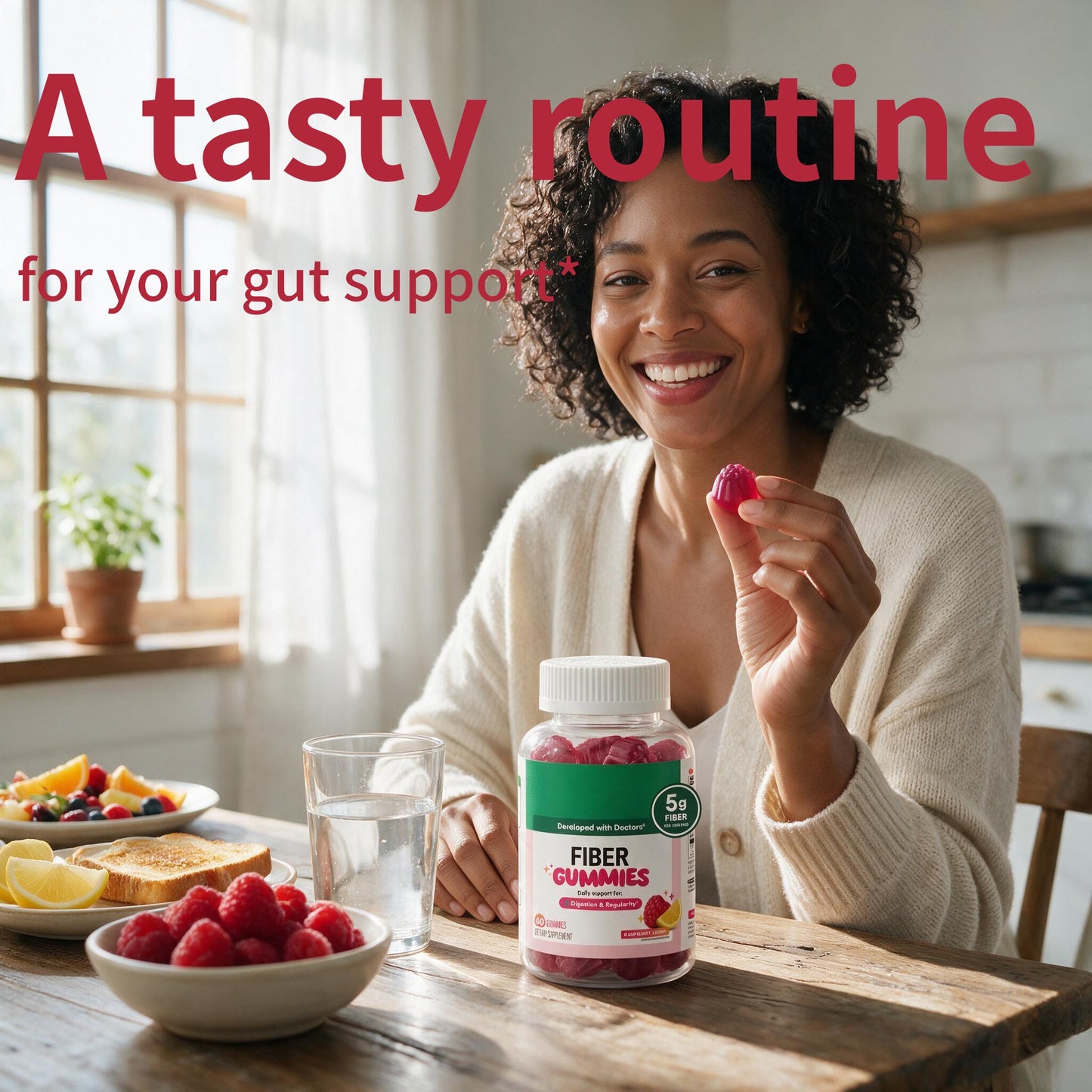 Fiber Gummies – 5g Prebiotic Fiber, 0g Sugar, Vegan, Raspberry Lemon, 60 Gummies