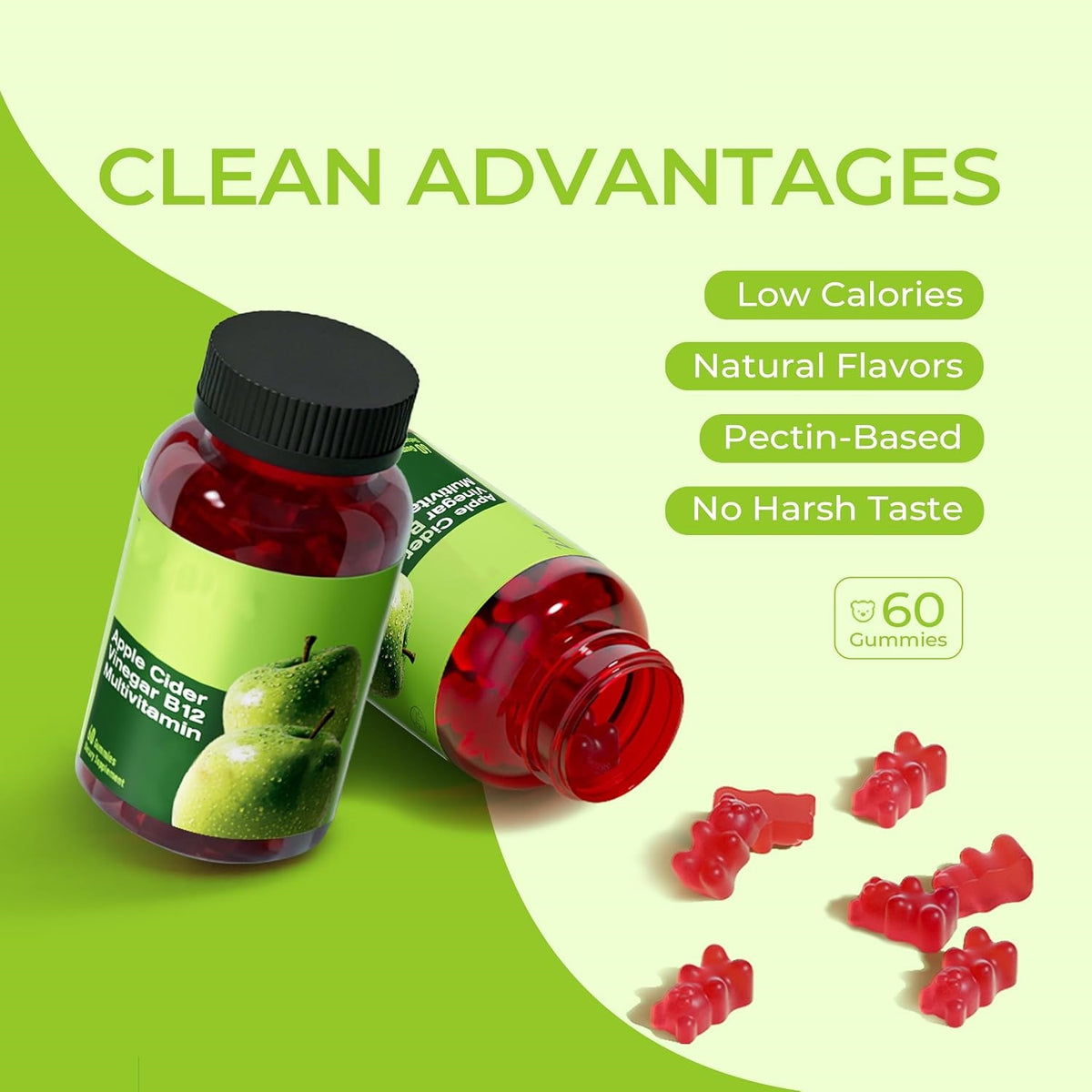 Sugar-Free Apple Cider Vinegar Gummies with "The Mother" & Vitamin B12 (60 Count)