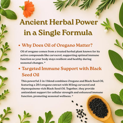2-in-1 Oil of Oregano (300mg) & Black Seed Oil (200mg) Softgels – 4X Strength Complex with 165mg Active Carvacrol & Thymoquinone (150 Count)