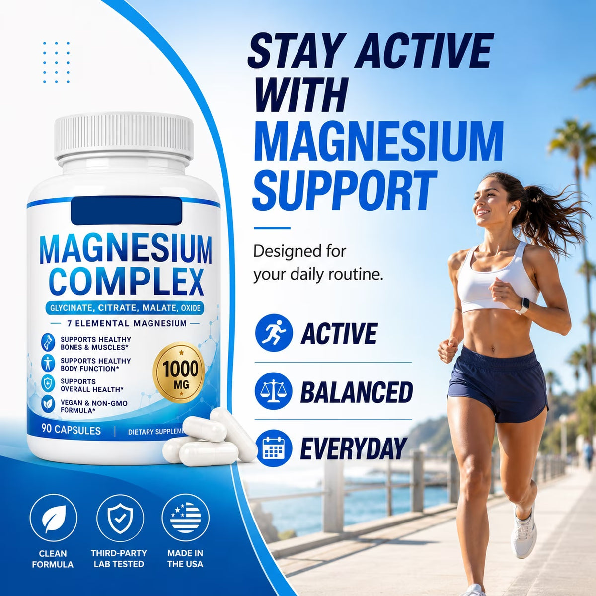 Magnesium complex bottle with an active lifestyle scene