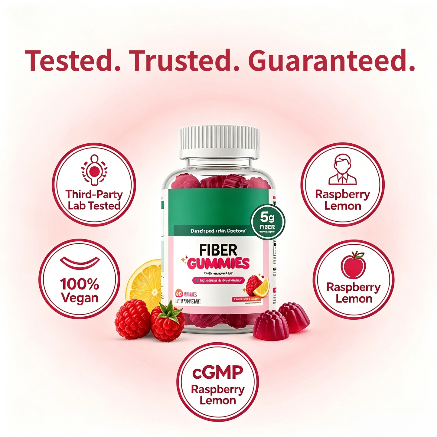 Fiber Gummies – 5g Prebiotic Fiber, 0g Sugar, Vegan, Raspberry Lemon, 60 Gummies