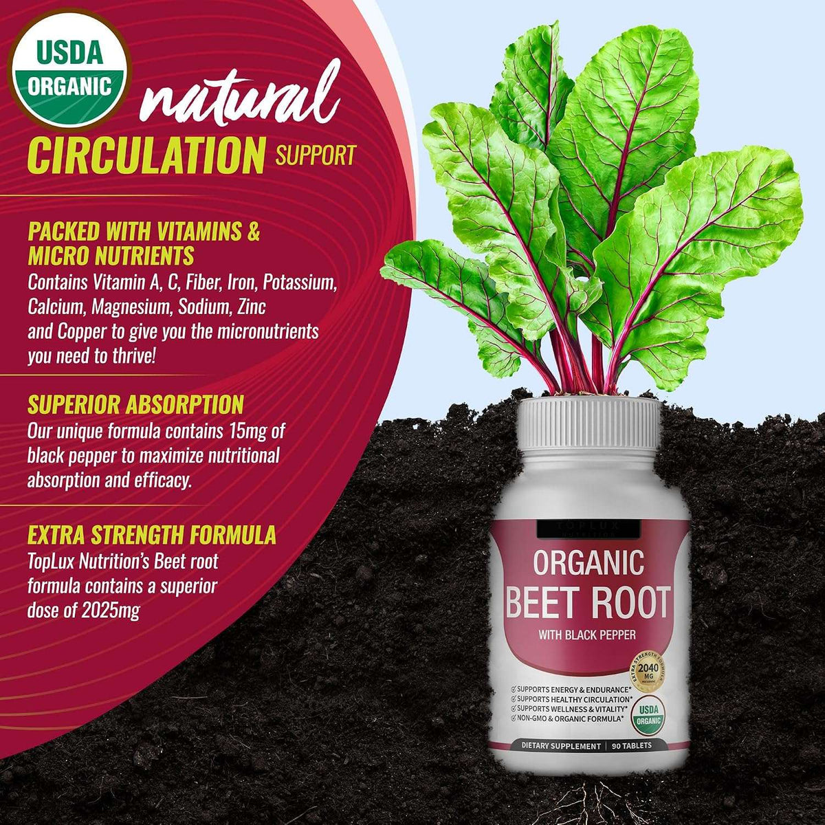 Organic Beet Root Tablets 2040mg – Plant-Based Superfood with Black Pepper Extract for Daily Vitality & Energy (90 Tablets)
