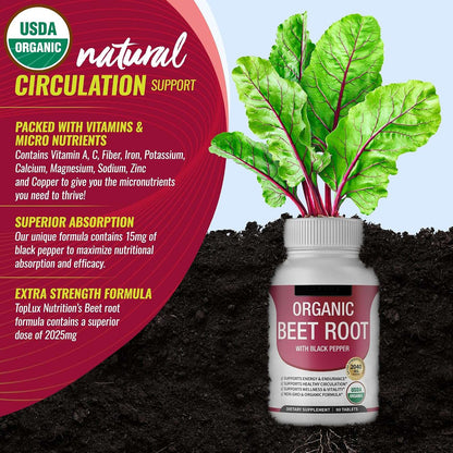 Organic Beet Root Tablets 2040mg – Plant-Based Superfood with Black Pepper Extract for Daily Vitality & Energy (90 Tablets)