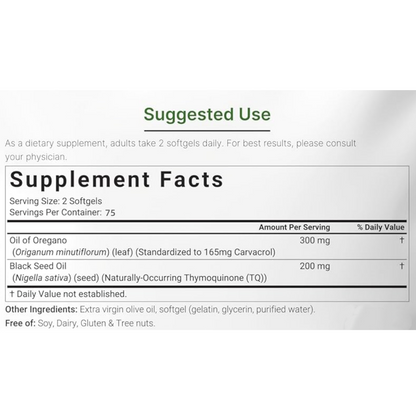 2-in-1 Oil of Oregano (300mg) & Black Seed Oil (200mg) Softgels – 4X Strength Complex with 165mg Active Carvacrol & Thymoquinone (150 Count)