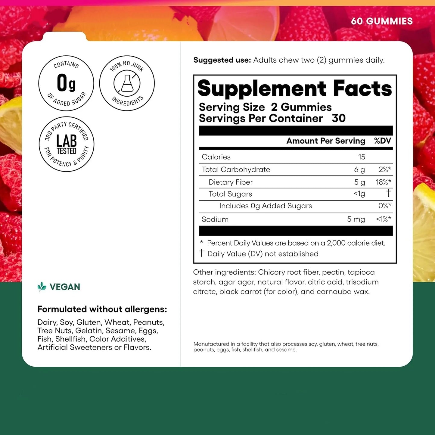 Fiber Gummies – 5g Prebiotic Fiber, 0g Sugar, Vegan, Raspberry Lemon, 60 Gummies