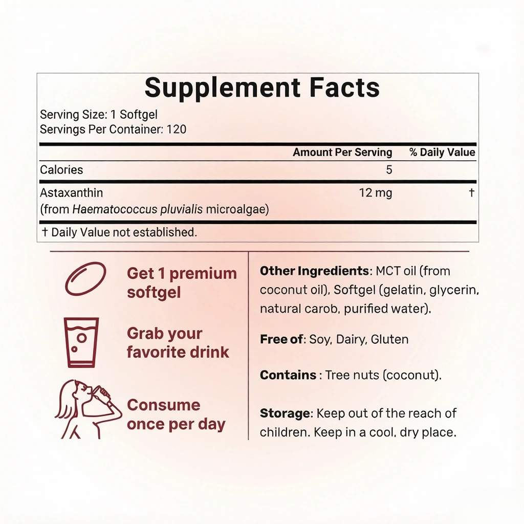Natural Astaxanthin 12mg with Coconut Oil for Skin & Eye Health - 120 Softgels