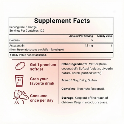 Natural Astaxanthin 12mg with Coconut Oil for Skin & Eye Health - 120 Softgels