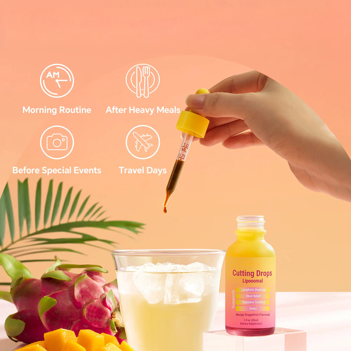 LeeFar Cutting Drops – Lymphatic-Focused Debloat Formula with Dandelion, Cleavers, Burdock & Elderberry for Lymphatic Drainage, Bloat Relief, Digestive Comfort and Detox – Mango Dragonfruit Flavor, 30 Servings