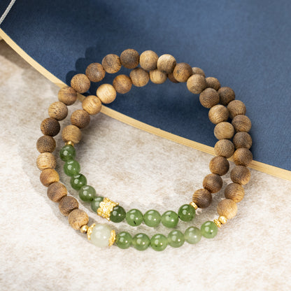 Green Jade & Agarwood Double-Wrap Bracelet — Renewal, Strength & Serenity