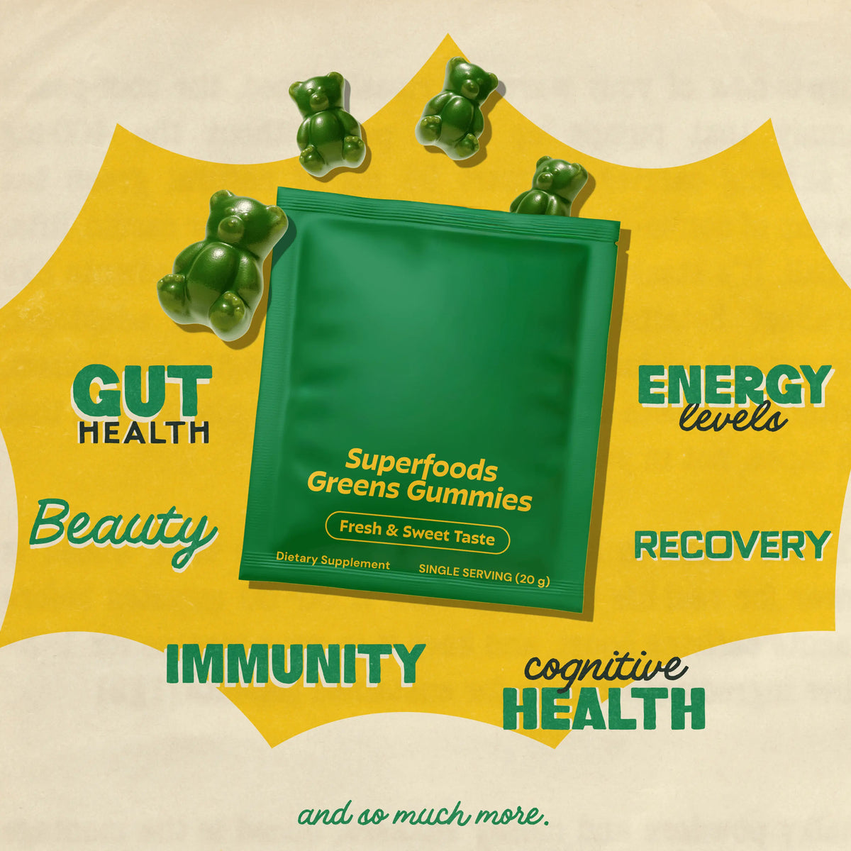 Grüns Superfood Gummy Bears: Comprehensive nutrition supplement with 60+ ingredients: Vitamins and Minerals, Prebiotics for Digestive Health, Adaptogens, Chlorophyll, Chlorella, Fruits and Vegetables, Gluten Free, Vegan, Third Party Tested