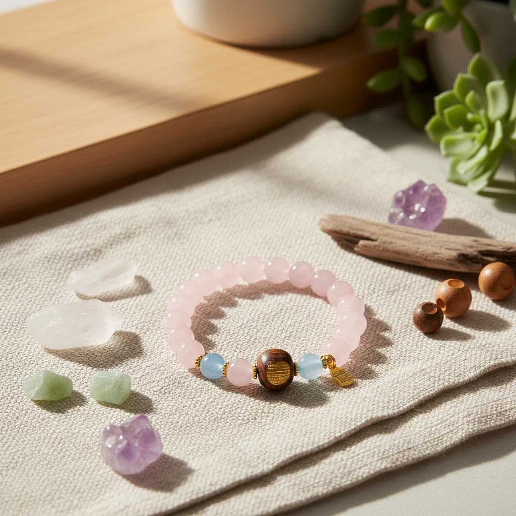 Scripted Harmony Bracelet: Pink Agate & Cliff Cypress with Five Mantras