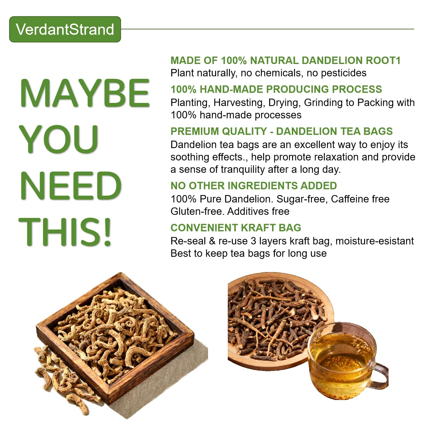 VerdantStrand 100% Natural & Pure dandelion root tea for liver & kidney health - 60 Tea Bags herbal tea with dandelion Leaf & Root- traditional Chinese tea，No Sugar, Caffeine-Free