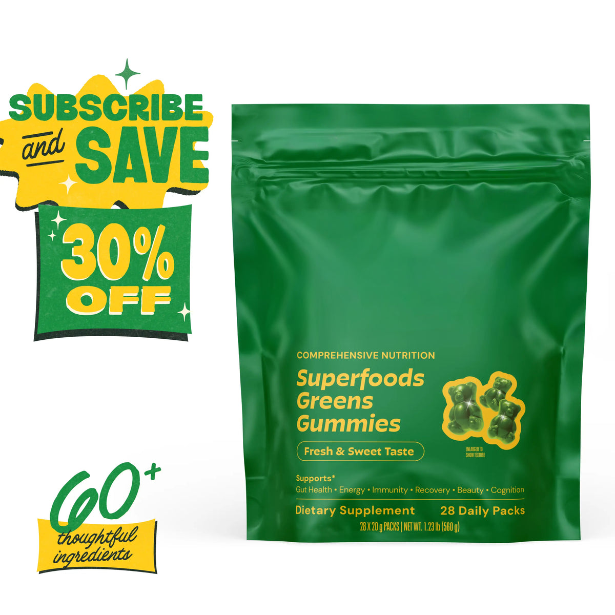Grüns Superfood Gummy Bears: Comprehensive nutrition supplement with 60+ ingredients: Vitamins and Minerals, Prebiotics for Digestive Health, Adaptogens, Chlorophyll, Chlorella, Fruits and Vegetables, Gluten Free, Vegan, Third Party Tested