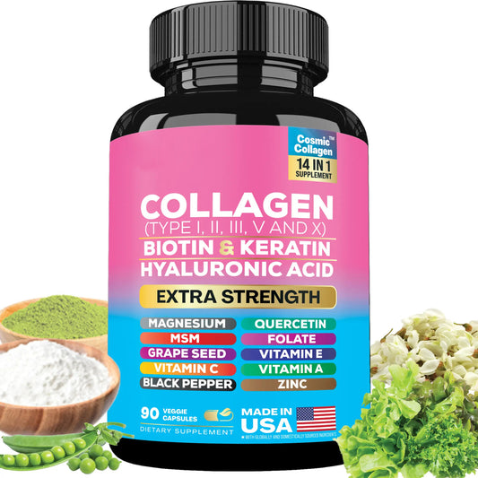 Zoyava Collagen Supplement - Type I, II, III, V and X - with Biotin, Keratin, Hyaluronic Acid & 13+ Extra Strength Ingredients for Beauty, Fitness, & Healthcare - 90 Capsules - MADE IN USA