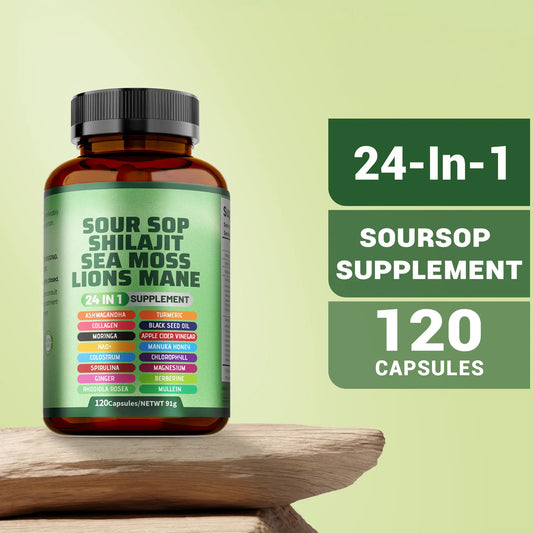 Buporai #BackToSchool Soursop Dietary Supplement for Adults, 24-in-1 Antioxidant Boost Mushroom Blend (Shiitake, Seaweed, Lion's Mane), 120 Capsules/Bottle, Supports Skin & Bone & Joint Health
