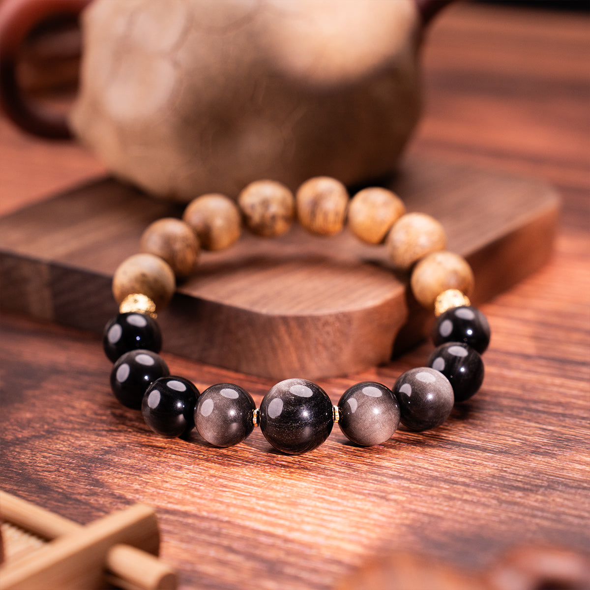 Agarwood & Obsidian Bracelet Calm Compass Agarwood Obsidian for emotional healing