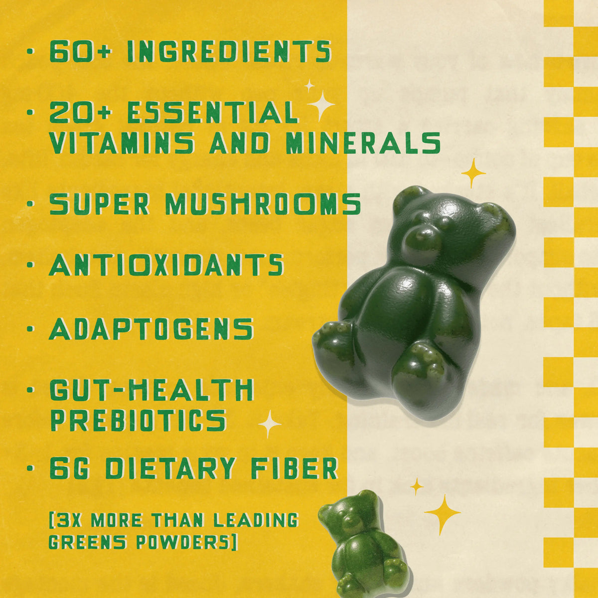 Grüns Superfood Gummy Bears: Comprehensive nutrition supplement with 60+ ingredients: Vitamins and Minerals, Prebiotics for Digestive Health, Adaptogens, Chlorophyll, Chlorella, Fruits and Vegetables, Gluten Free, Vegan, Third Party Tested