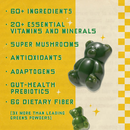 Grüns Superfood Gummy Bears: Comprehensive nutrition supplement with 60+ ingredients: Vitamins and Minerals, Prebiotics for Digestive Health, Adaptogens, Chlorophyll, Chlorella, Fruits and Vegetables, Gluten Free, Vegan, Third Party Tested