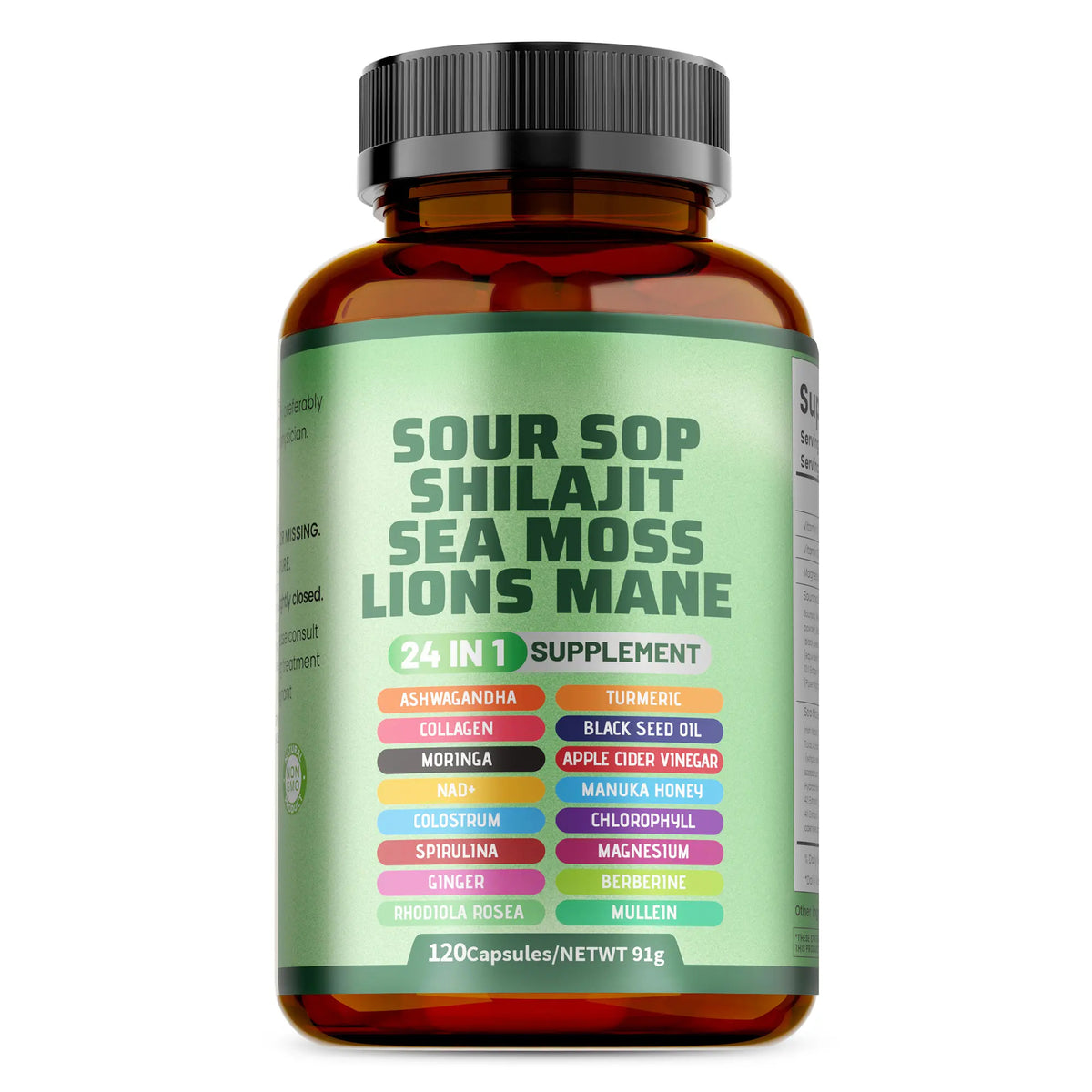 Buporai #BackToSchool Soursop Dietary Supplement for Adults, 24-in-1 Antioxidant Boost Mushroom Blend (Shiitake, Seaweed, Lion's Mane), 120 Capsules/Bottle, Supports Skin & Bone & Joint Health