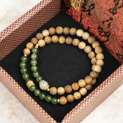 Green Jade & Agarwood Double-Wrap Bracelet — Renewal, Strength & Serenity