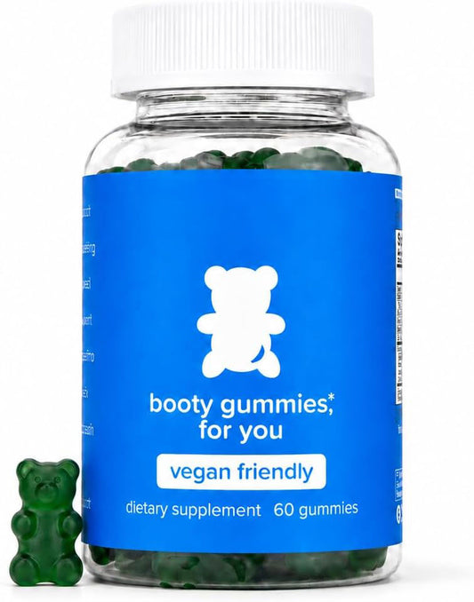 Women's botanical wellness gummies bottle with a green gummy